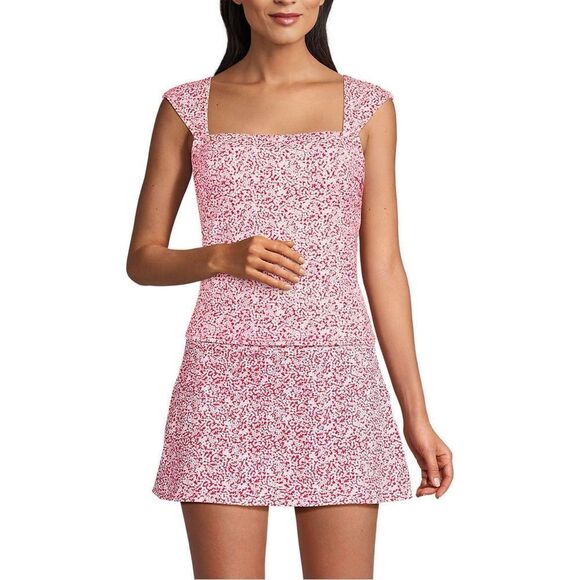 Land's End square neck and back tankini top coral rose white Ditsy Lily 14 DD - Picture 4 of 8